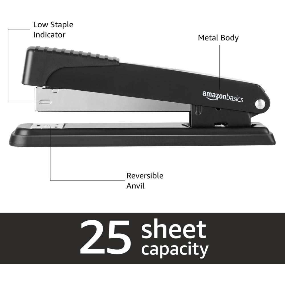 Amazon Basics Full-Strip Metal Office Desktop Stapler, 20 Sheet Capacity, Non-Slip, Black, 3-Pack