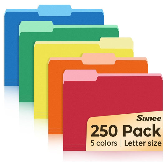 SUNEE File Folders Letter Size Assorted Colors, 250 Pack Manilla Folders, 8.5 x 11, 1/3-Cut Tabs, Colored File Folders for Office, Home & School