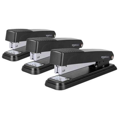 Amazon Basics Full-Strip Metal Office Desktop Stapler, 20 Sheet Capacity, Non-Slip, Black, 3-Pack